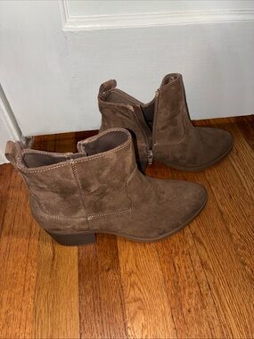 Old Navy Taupe Suede Ankle Booties - Side Zip Low Heel